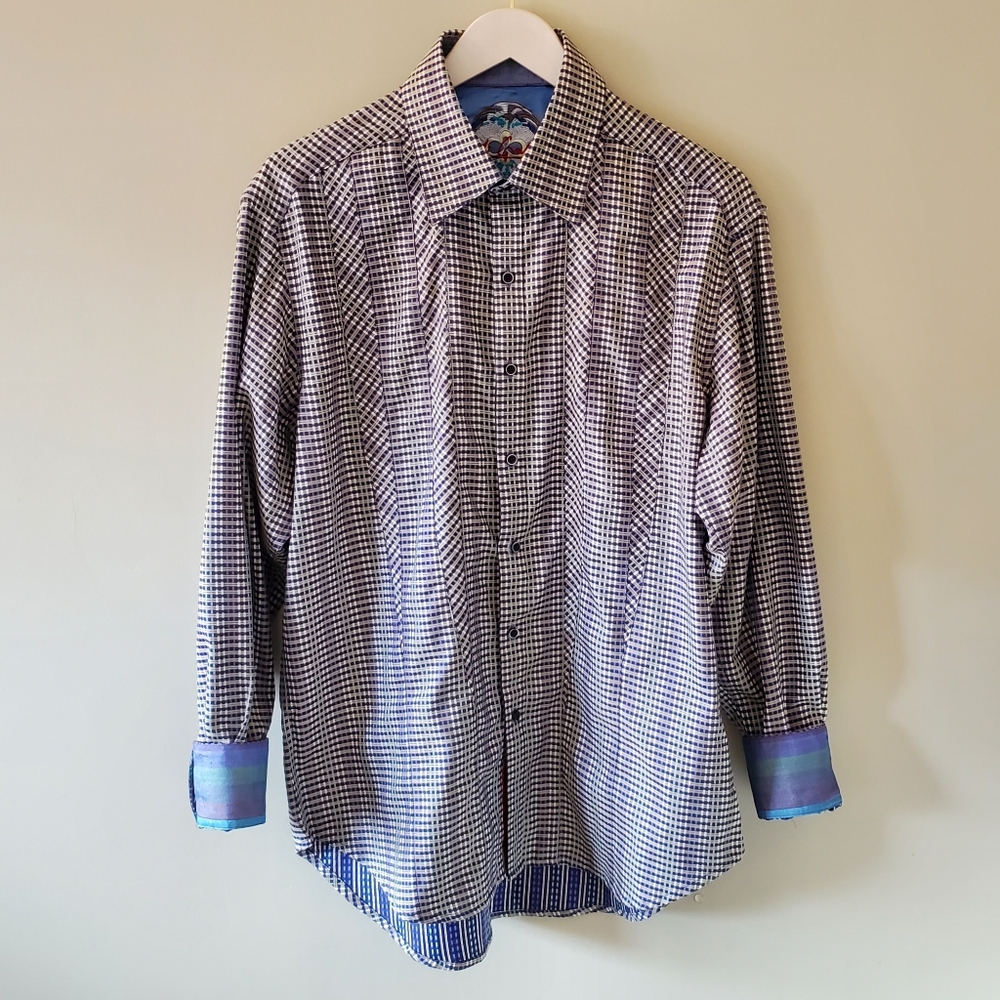 Robert Graham L Retro Check Flip Cuff Dress Shirt Eclectic Artsy Jacquard